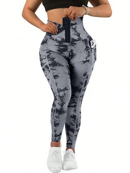 ساقي رياضية للطباعة بربطة الصباغة بالغسل بالجيب للخصر العالي للنساء للدراجات الهوائية والجري والتنس لخارج المنزل قطعة واحدة