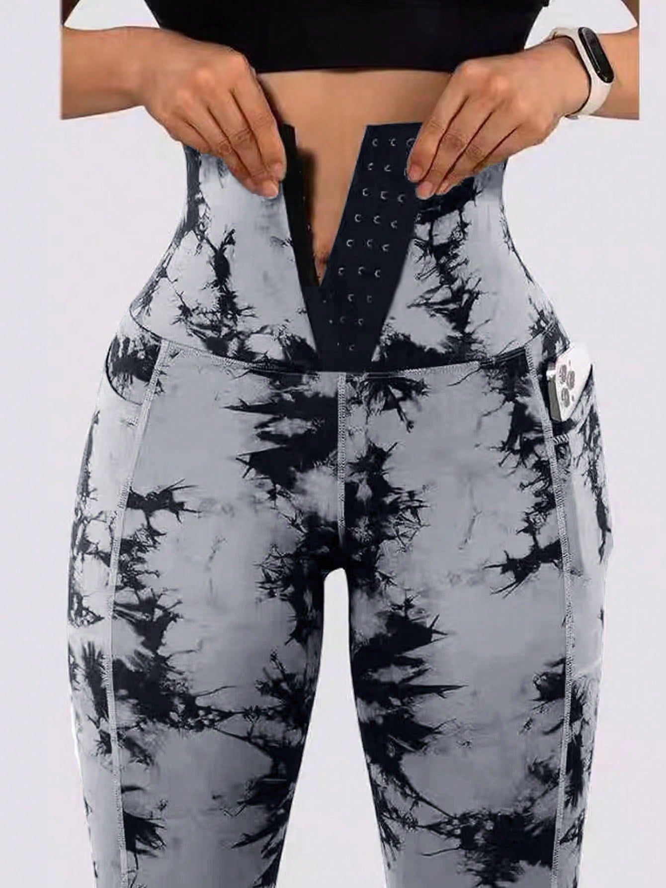 ساقي رياضية للطباعة بربطة الصباغة بالغسل بالجيب للخصر العالي للنساء للدراجات الهوائية والجري والتنس لخارج المنزل قطعة واحدة