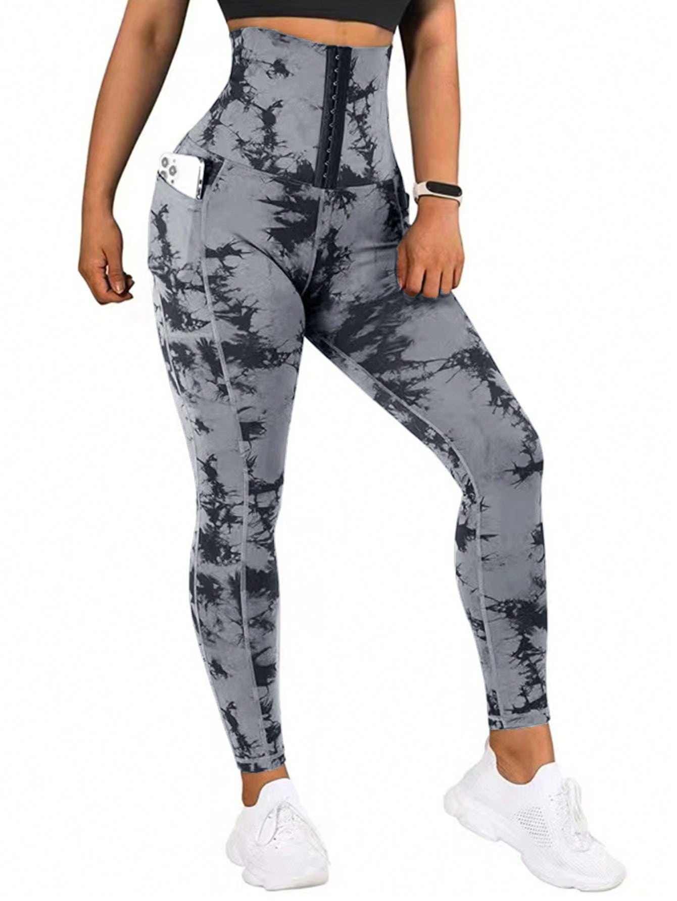 ساقي رياضية للطباعة بربطة الصباغة بالغسل بالجيب للخصر العالي للنساء للدراجات الهوائية والجري والتنس لخارج المنزل قطعة واحدة