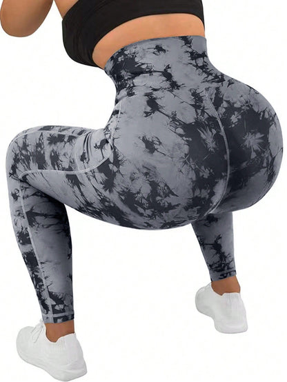 ساقي رياضية للطباعة بربطة الصباغة بالغسل بالجيب للخصر العالي للنساء للدراجات الهوائية والجري والتنس لخارج المنزل قطعة واحدة