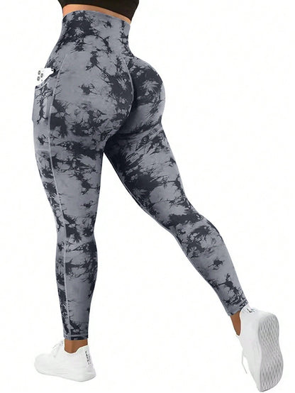 ساقي رياضية للطباعة بربطة الصباغة بالغسل بالجيب للخصر العالي للنساء للدراجات الهوائية والجري والتنس لخارج المنزل قطعة واحدة