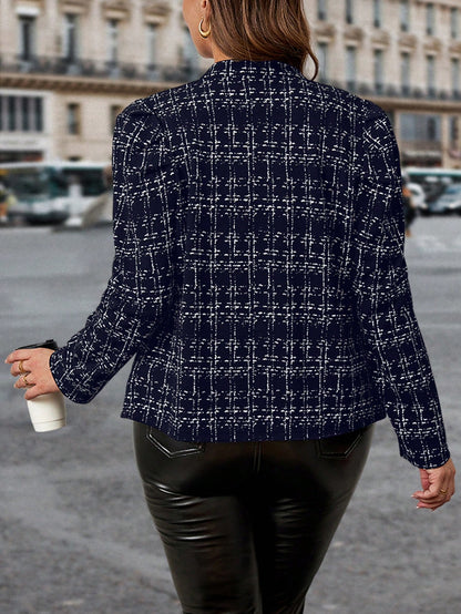 جاكيت من قماش التويد مزينة بأزرار معدنية للنساء كبيرات الحجم، مجموعة أناقة يومية كاجوال للعمل والتنقل