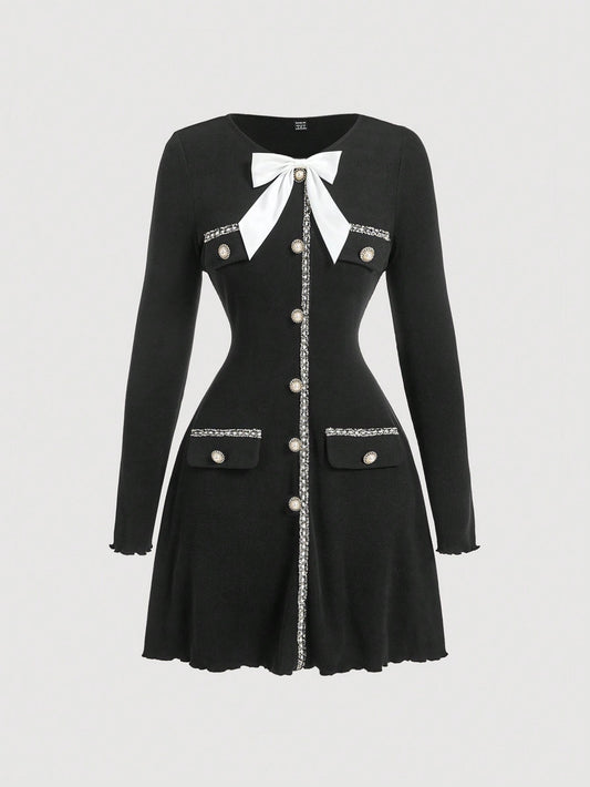 فستان نسائي أنيق مزين بفرجار شريطي، طويل الأكمام، للخروج والعودة إلى المدرسة والخريف، أزياء نسائية