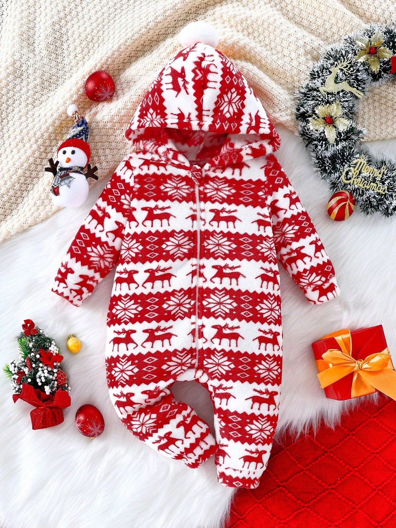 جمبسوت أطفال بنات بتصميم رجل الثلج والرنة مع أكمام طويلة