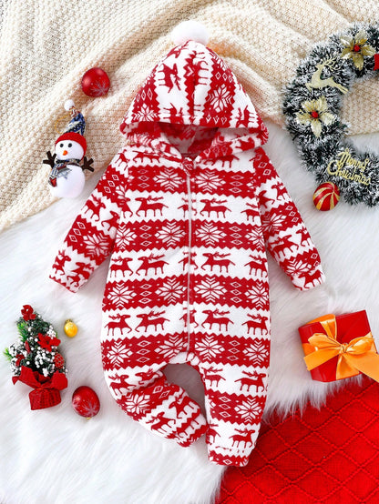 جمبسوت أطفال بنات بتصميم رجل الثلج والرنة مع أكمام طويلة