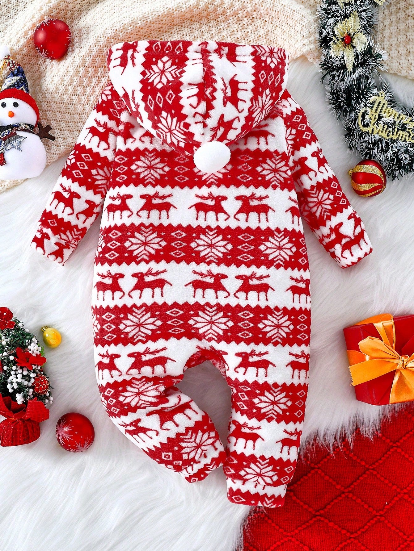 جمبسوت أطفال بنات بتصميم رجل الثلج والرنة مع أكمام طويلة