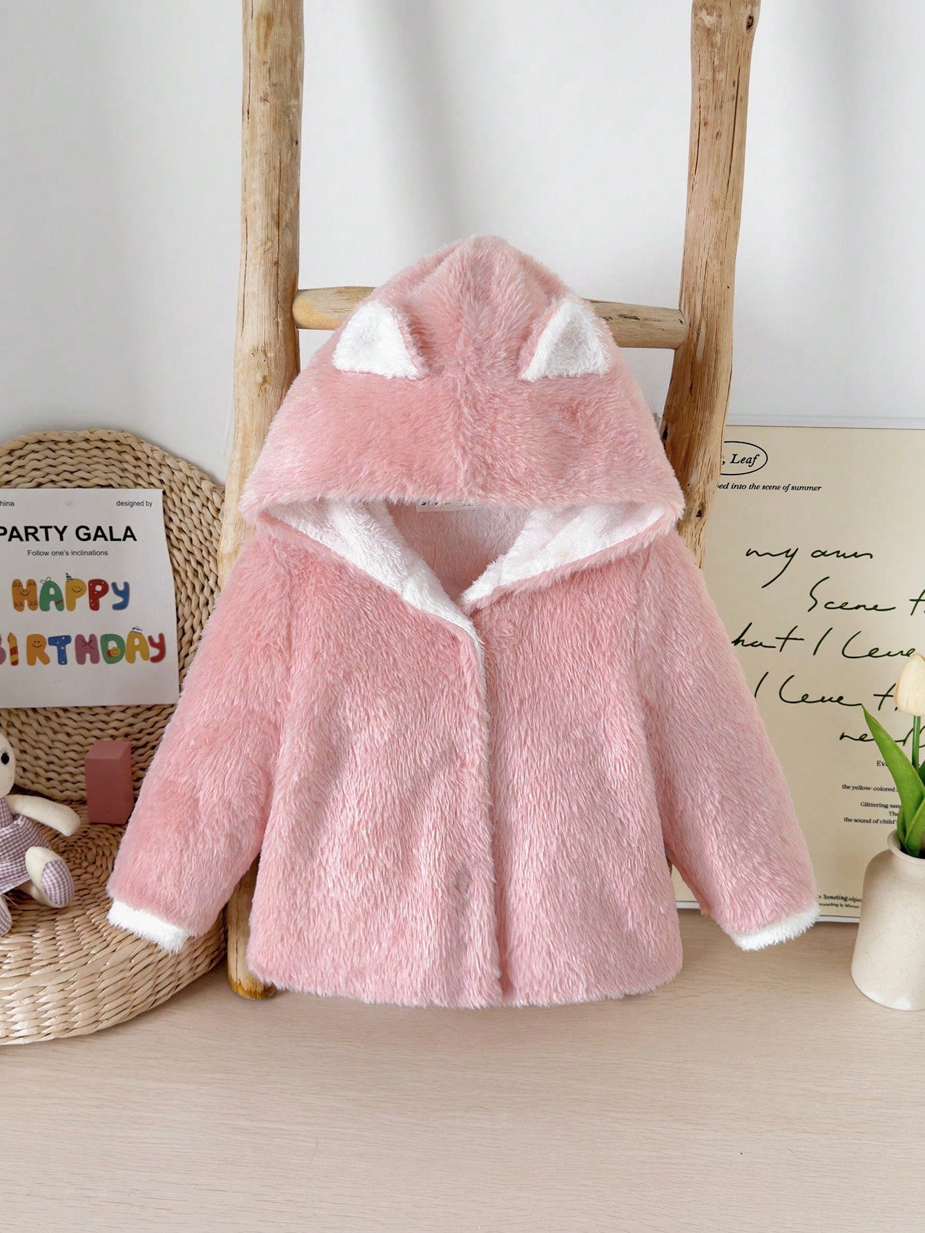 معطف فتاة رضيع مزين بأذن من الفراء، ملابس خارجية دافئة للخريف والشتاء للخارج والمدرسة وأكثر