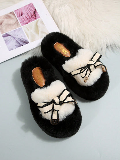 نعال للسيدات بتصميم كاجوال رائج في 2024، سميكة القاعدة ومرتفعة، قطعة شعر دافئة، مقاومة للانزلاق للإستخدام الداخلي والخارجي