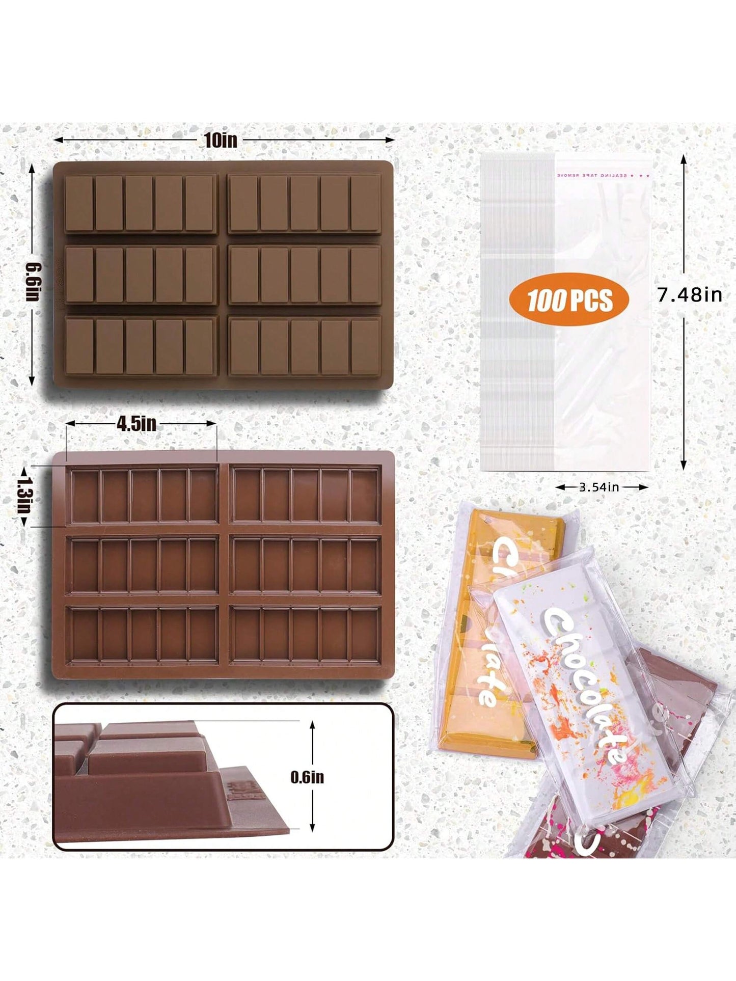 قالب شريحة شوكولاتة ب- 6 تجاويف عميقة مع أكياس وكشرط، قالب شريحة شوكولاتة سميكة لشريحة محشوة، قالب شوكولاتة سيليكون لملء شريحة شوكولاتة بالفستق حلوى كنافة