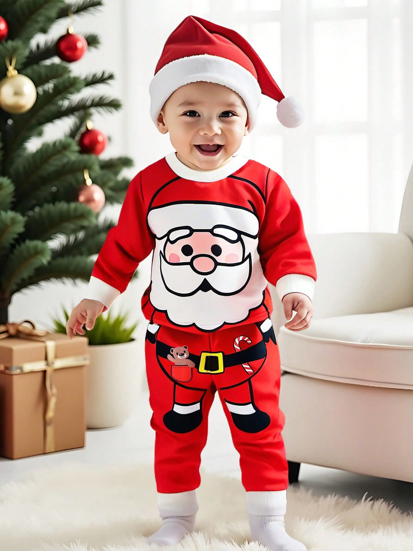 طقم بدلة سانتا كلوز للملابس 2قطعة للأطفال الرضع والأولاد باللون الأحمر بأكمام طويلة وبنطال