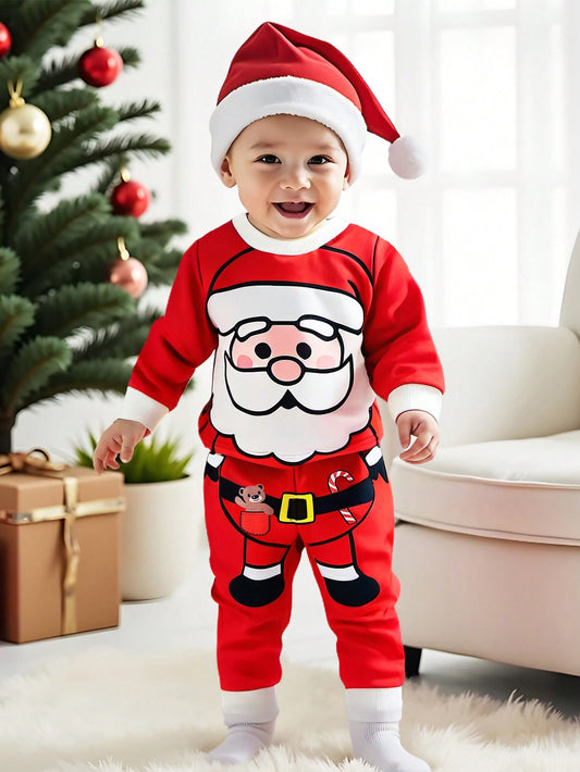 طقم بدلة سانتا كلوز للملابس 2قطعة للأطفال الرضع والأولاد باللون الأحمر بأكمام طويلة وبنطال