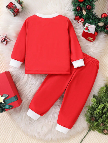 طقم بدلة سانتا كلوز للملابس 2قطعة للأطفال الرضع والأولاد باللون الأحمر بأكمام طويلة وبنطال