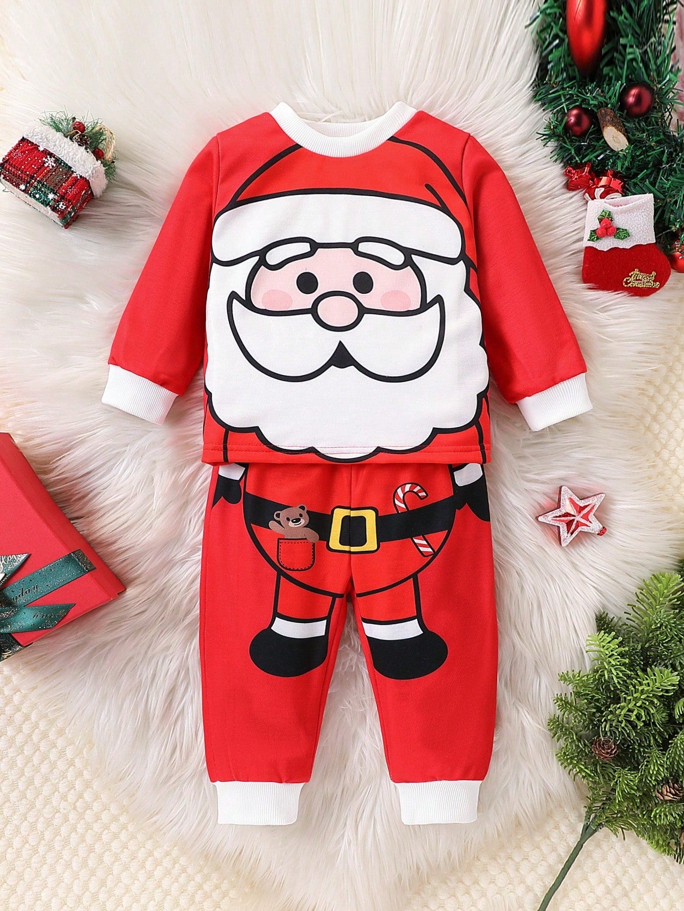 طقم بدلة سانتا كلوز للملابس 2قطعة للأطفال الرضع والأولاد باللون الأحمر بأكمام طويلة وبنطال