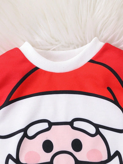 طقم بدلة سانتا كلوز للملابس 2قطعة للأطفال الرضع والأولاد باللون الأحمر بأكمام طويلة وبنطال