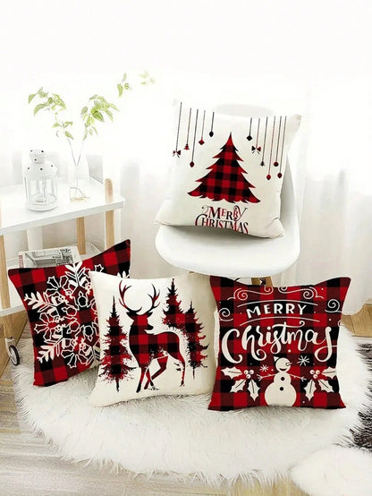 طقم 4قطع من أغطية الوسائد فائقة اللين للكريسماس - تصميم الرنة والشجرة ، طباعة أحادية الجانب