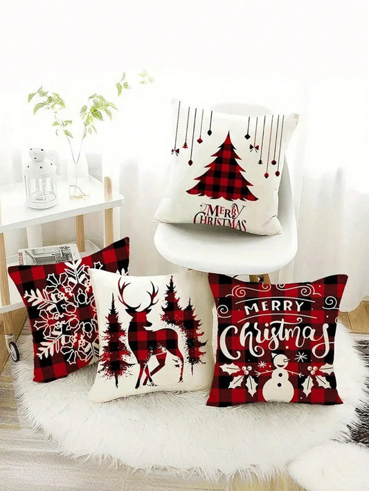 طقم 4قطع من أغطية الوسائد فائقة اللين للكريسماس - تصميم الرنة والشجرة ، طباعة أحادية الجانب