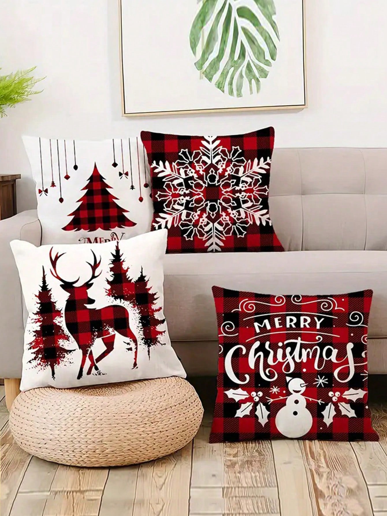 طقم 4قطع من أغطية الوسائد فائقة اللين للكريسماس - تصميم الرنة والشجرة ، طباعة أحادية الجانب