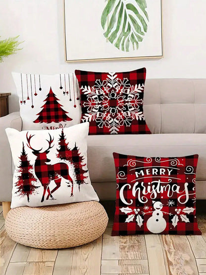 طقم 4قطع من أغطية الوسائد فائقة اللين للكريسماس - تصميم الرنة والشجرة ، طباعة أحادية الجانب