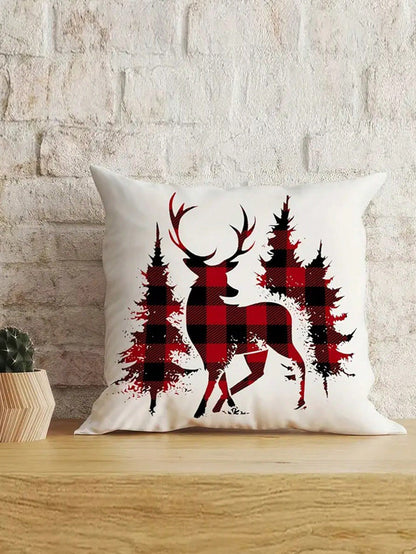 طقم 4قطع من أغطية الوسائد فائقة اللين للكريسماس - تصميم الرنة والشجرة ، طباعة أحادية الجانب