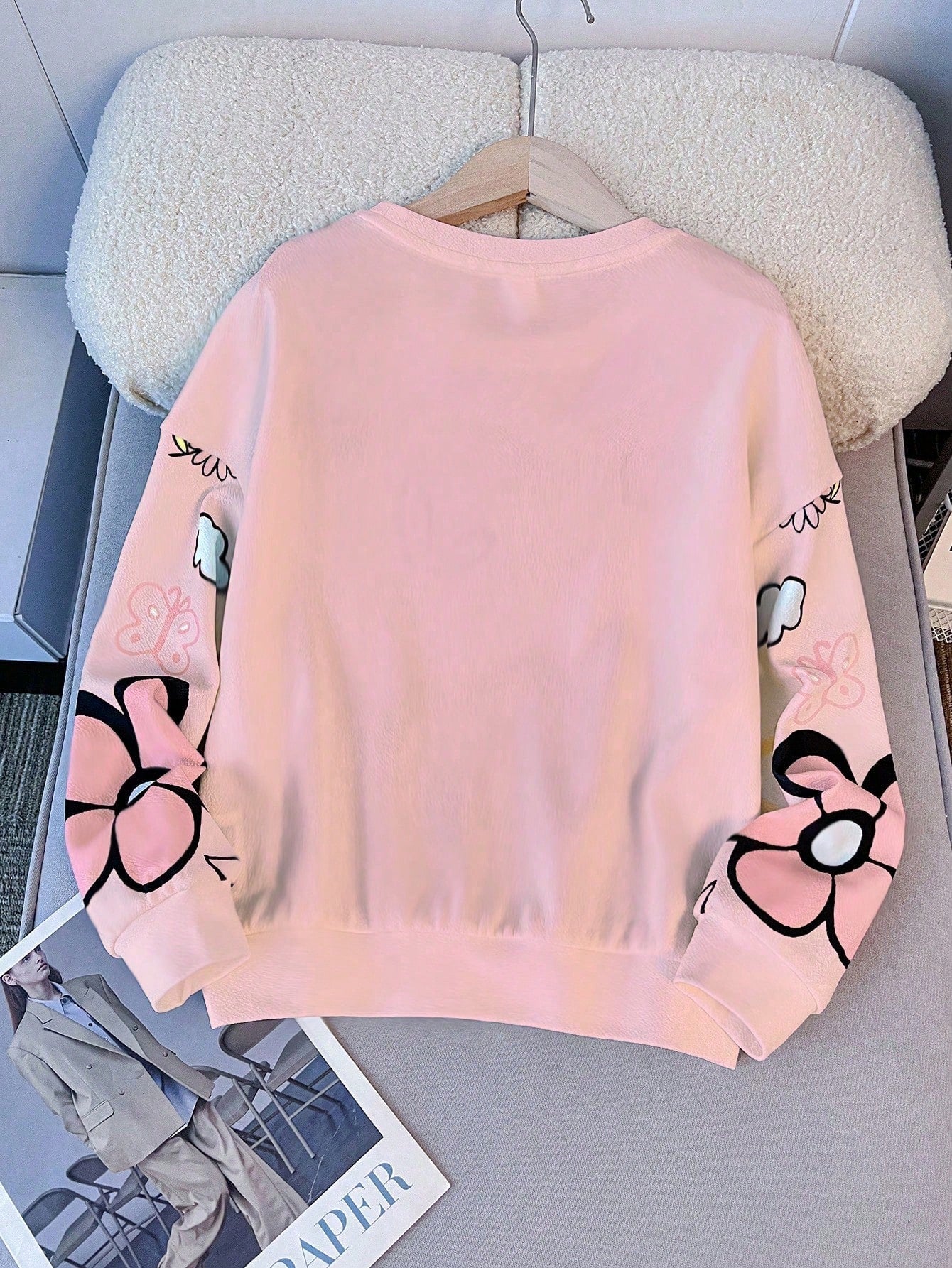 بلوزة رياضية فضفاضة بطبعة وردية ، قلب وسحابة للنساء،  مناسبة للخريف / الشتاء