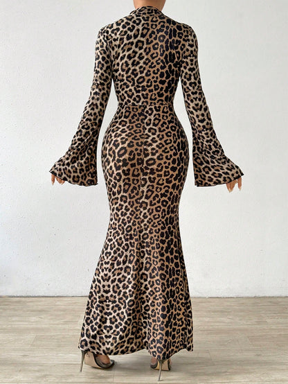 فستان ماكسي طويل بتصميم ذيل الحورية ضيق وأنيق، للحفلات والعطلات، بأكمام طويلة ضيقة وفتحة رقبة عالية، بطبعة جلد النمر المثيرة ، مثالي للخريف والشتاء