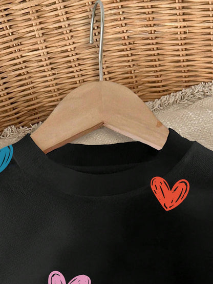 بلوزة رياضية كاجوال فضفاضة بطباعة قلب ملونة للرقبة البحرية للنساء، مناسبة للخريف والشتاء