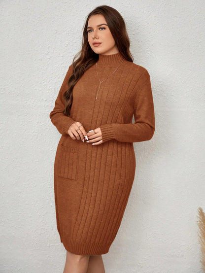 فستان كنزة صوفية مضفر بأكمام طويلة مع جيوب بمقاسات كبيرة