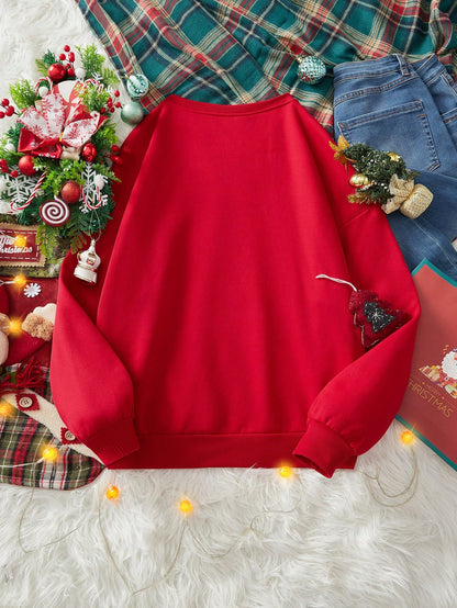 بلوزة رياضية فضفاضة مطبوعة بنمط بسيط مريحة، رقبة دائرية، أكمام طويلة سميكة للنساء، مناسبة لفصلي الخريف والشتاء