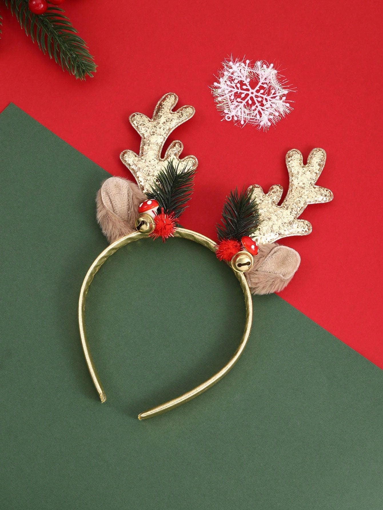 قطعة واحدة شريط رأس بتزيين عيد الميلاد مرصع بالترتر بتصميم قرن الغزال