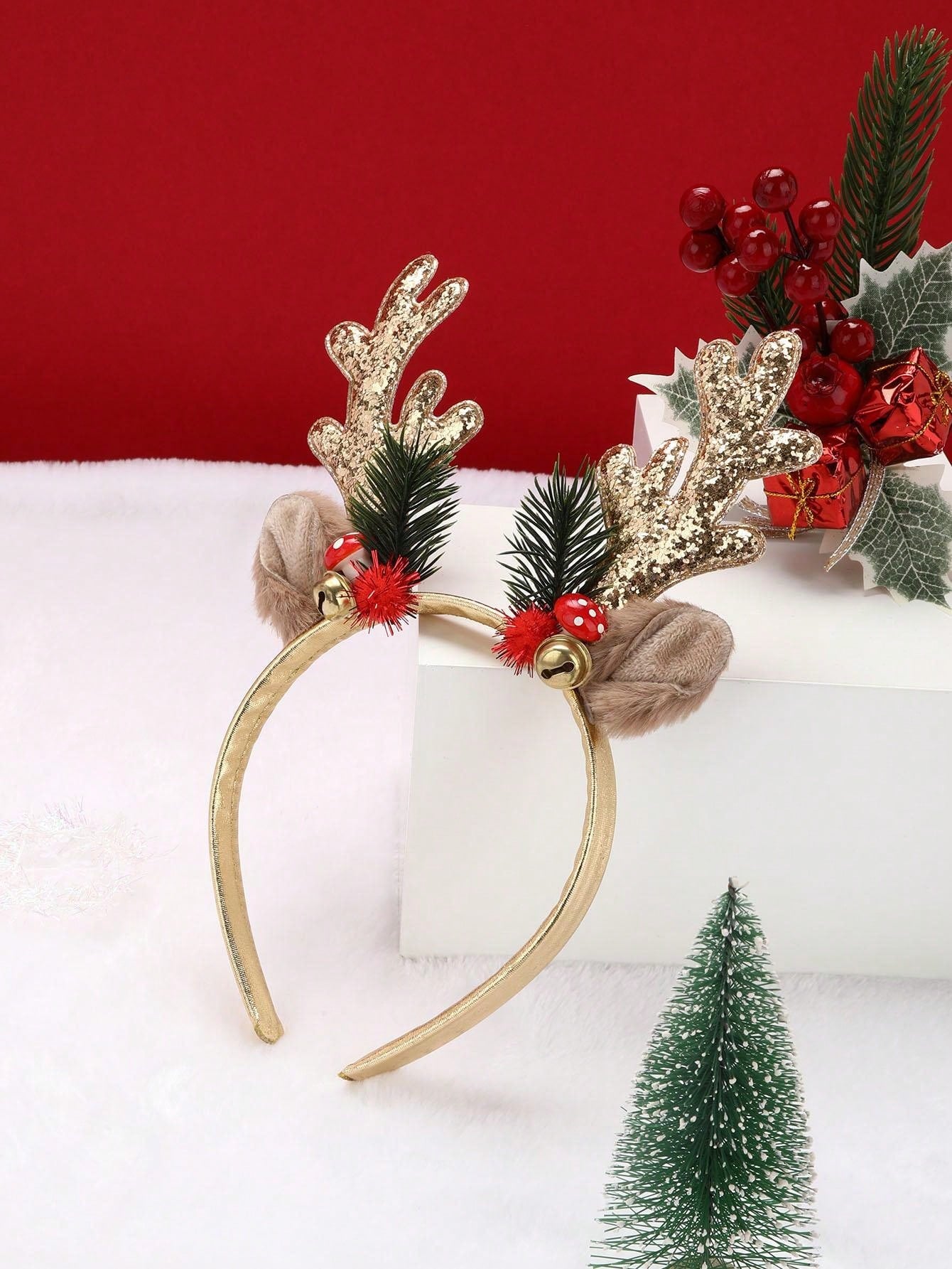 قطعة واحدة شريط رأس بتزيين عيد الميلاد مرصع بالترتر بتصميم قرن الغزال