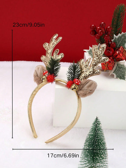 قطعة واحدة شريط رأس بتزيين عيد الميلاد مرصع بالترتر بتصميم قرن الغزال