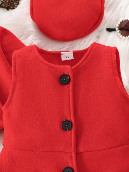 طقم 3قطع من السترة/المعطف الأنيق الكاجوال الأنثوي الحلو الرجعي والفستان بلا أكمام مع قبعة