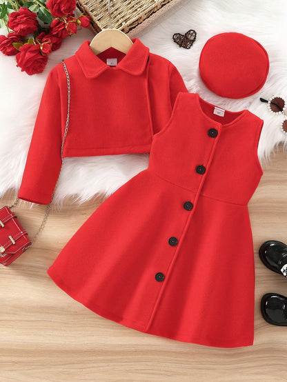 طقم 3قطع من السترة/المعطف الأنيق الكاجوال الأنثوي الحلو الرجعي والفستان بلا أكمام مع قبعة