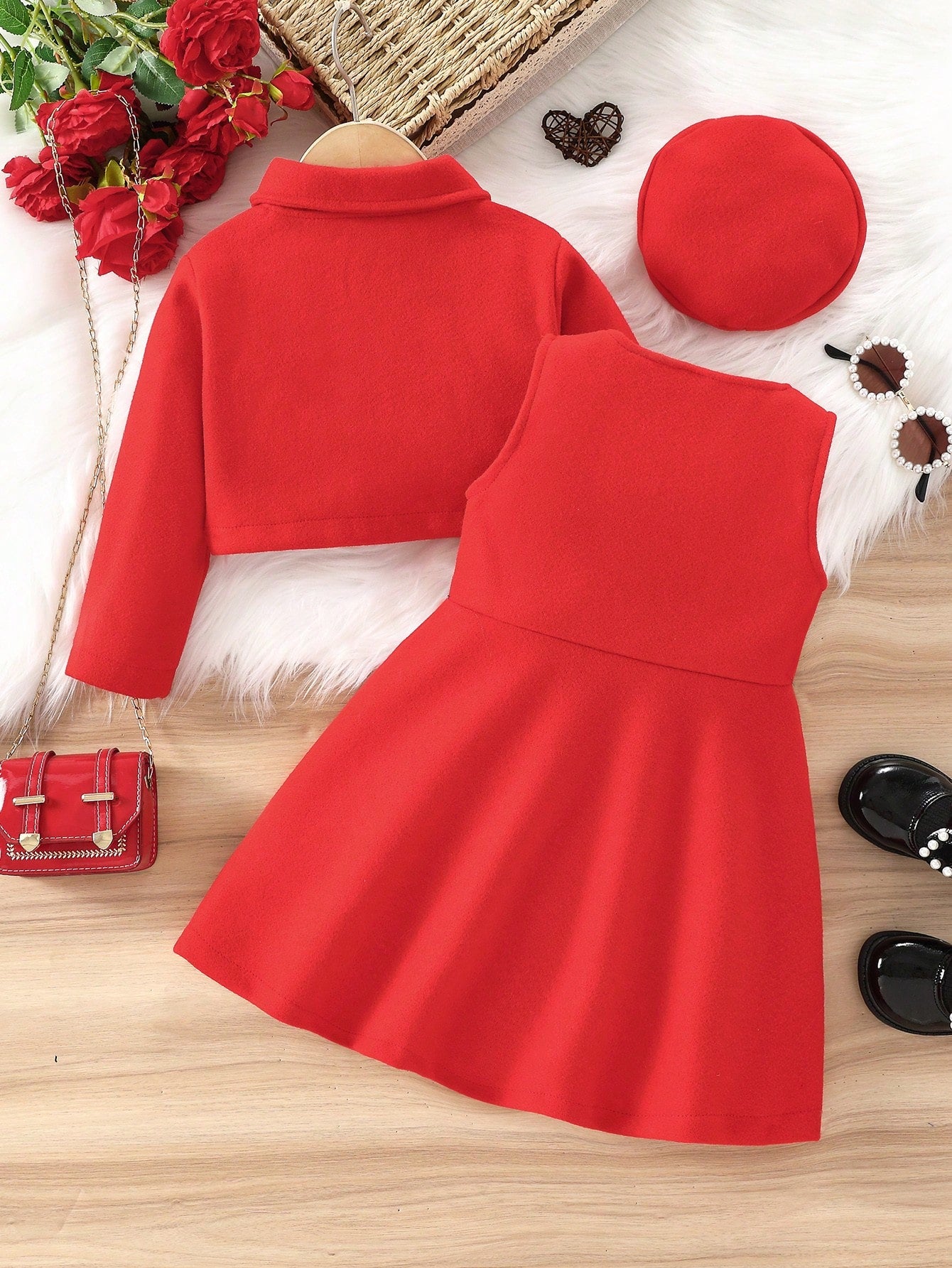 طقم 3قطع من السترة/المعطف الأنيق الكاجوال الأنثوي الحلو الرجعي والفستان بلا أكمام مع قبعة