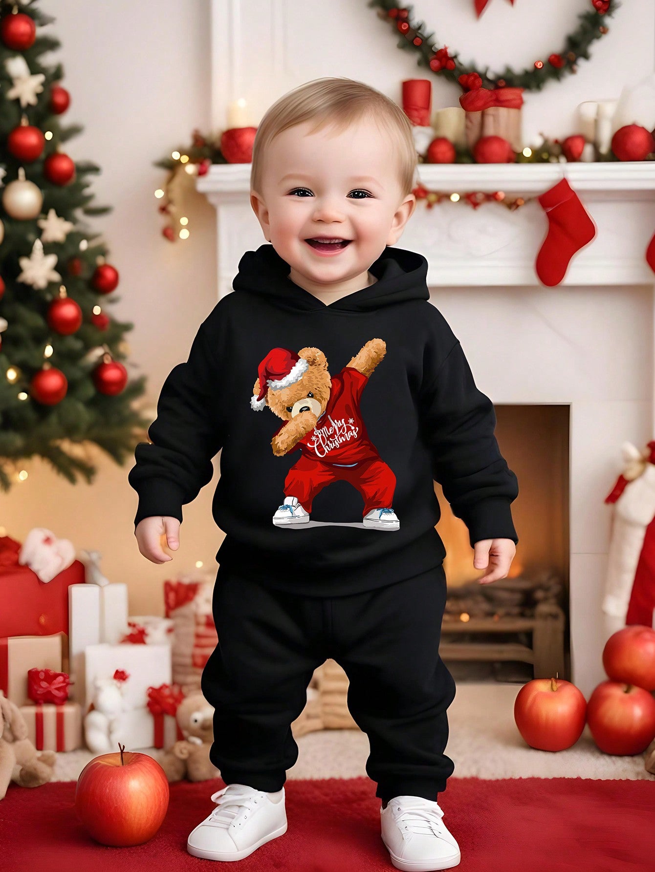لمجموعة الأولاد عيد الميلاد الدب الرسم مقنعين البلوز والسراويل مجموعة، الخريف الشتاء طفل رضيع ملابس عيد الميلاد
