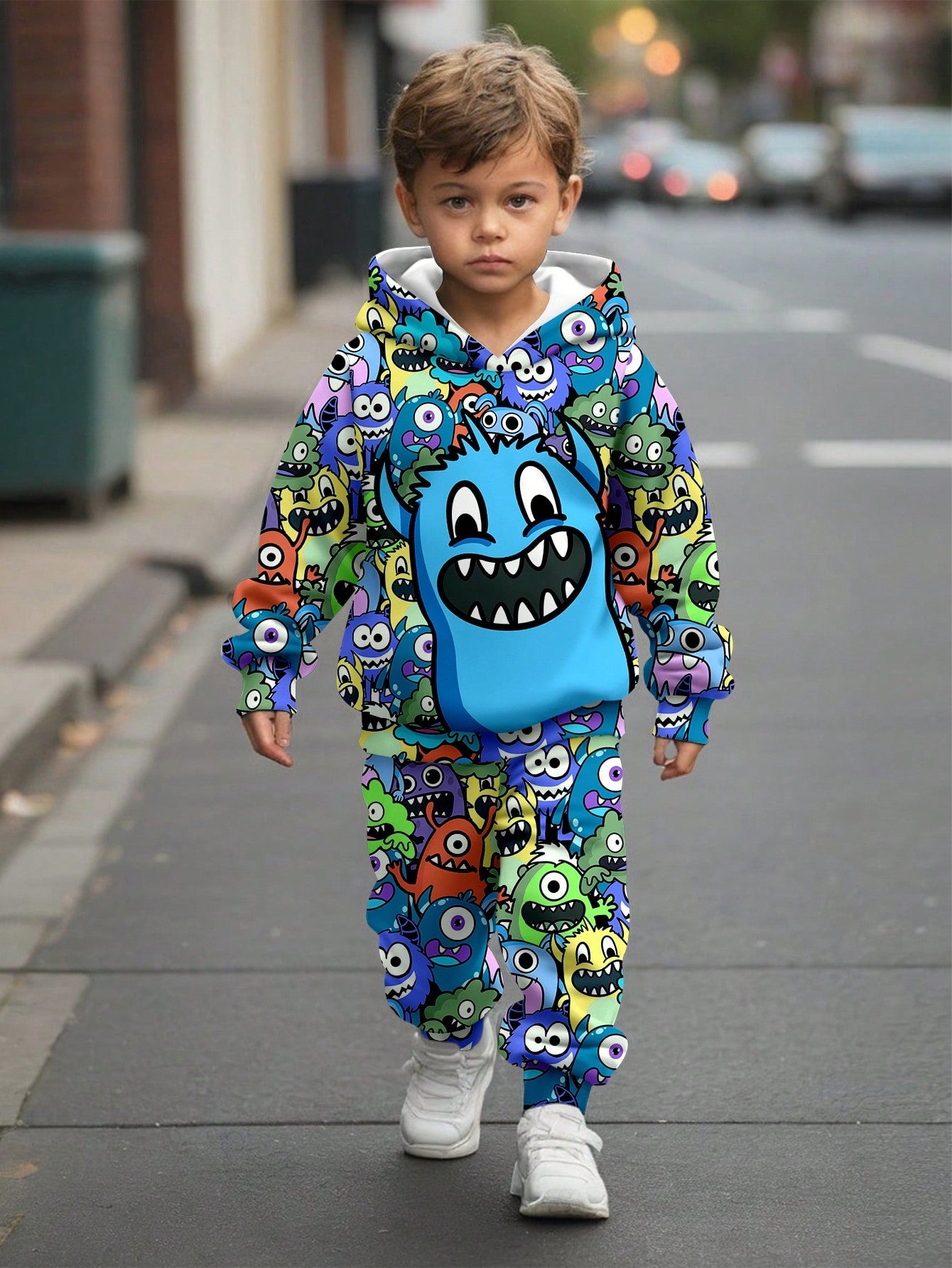 طقم من قطعتين لملابس الأولاد الشبان شامل بلوزة كاجوال مطبوعة برسومات كرتون وبنطلون سراويل ملائم