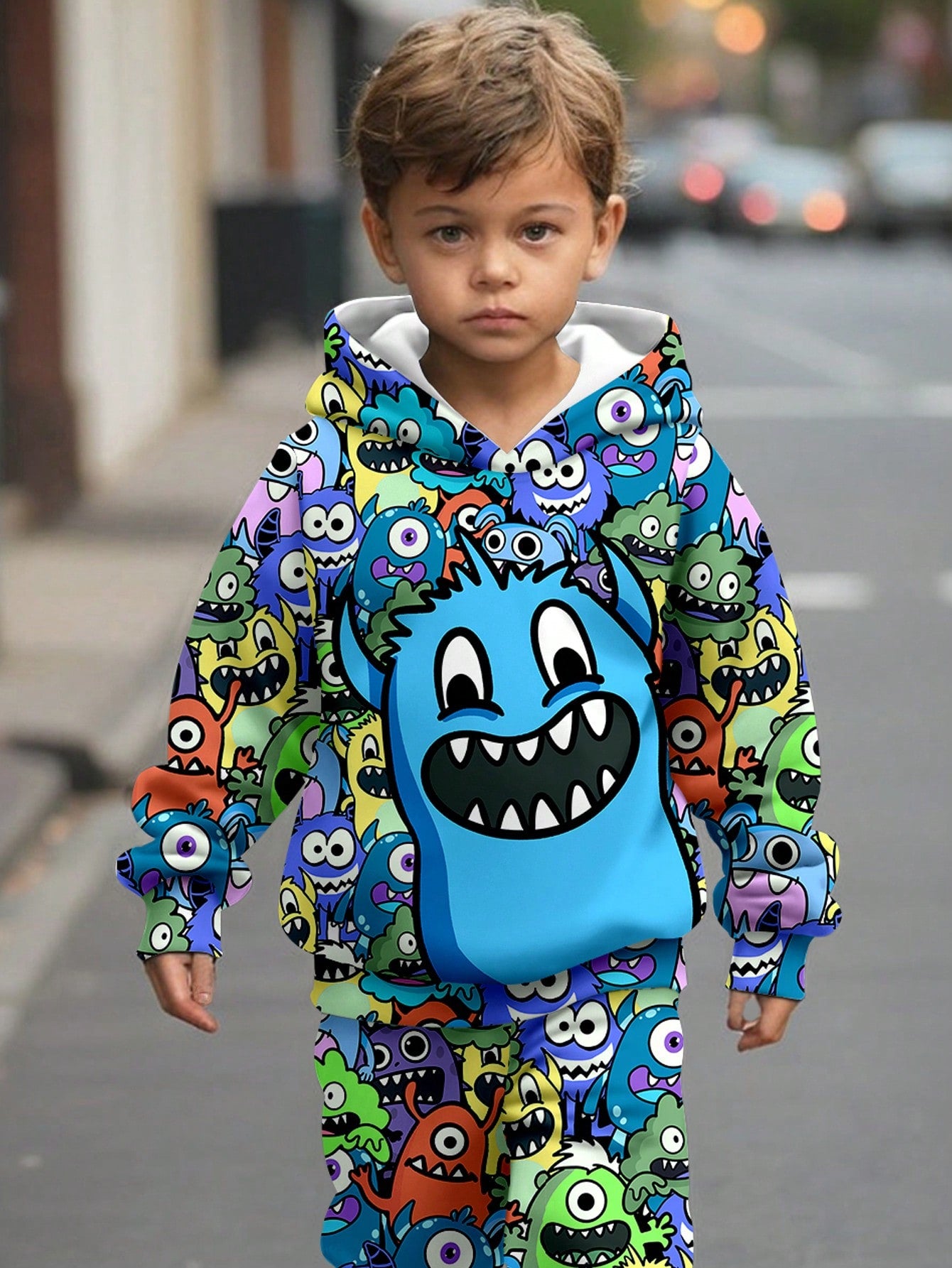 طقم من قطعتين لملابس الأولاد الشبان شامل بلوزة كاجوال مطبوعة برسومات كرتون وبنطلون سراويل ملائم