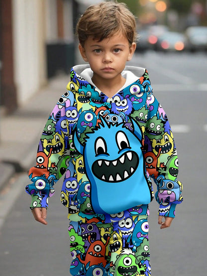 طقم من قطعتين لملابس الأولاد الشبان شامل بلوزة كاجوال مطبوعة برسومات كرتون وبنطلون سراويل ملائم