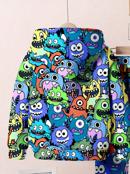 طقم من قطعتين لملابس الأولاد الشبان شامل بلوزة كاجوال مطبوعة برسومات كرتون وبنطلون سراويل ملائم