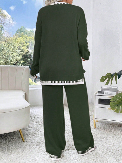 بلوزة وبنطلون منسوج بأكثر من مقاس، بلون متباين رقبة دائرية فضفاضة، مجموعة خريفية/ شتوية، مناسبة لعيد الميلاد
