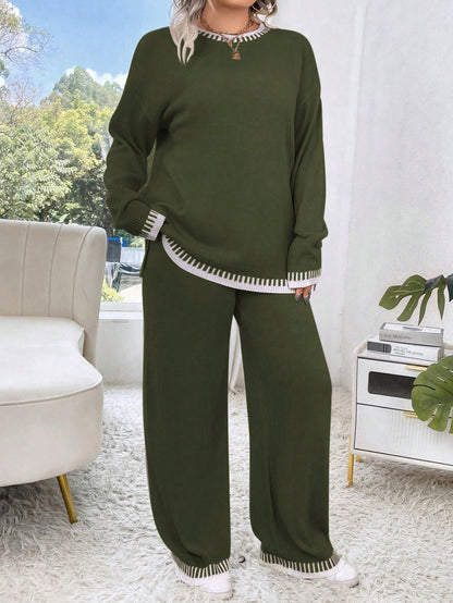 بلوزة وبنطلون منسوج بأكثر من مقاس، بلون متباين رقبة دائرية فضفاضة، مجموعة خريفية/ شتوية، مناسبة لعيد الميلاد