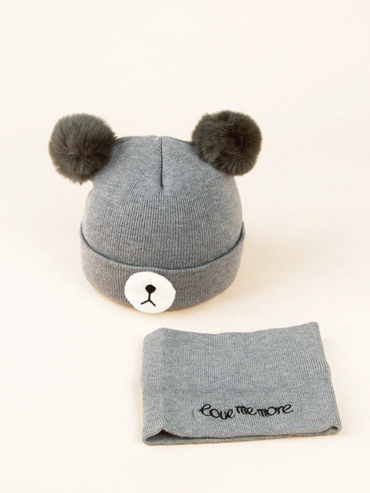 مجموعة قبعة وأوشحة مطرزة بالدب للأطفال الرضع والصغار 0-3 سنوات، لحفظ الدفء، قطعتان