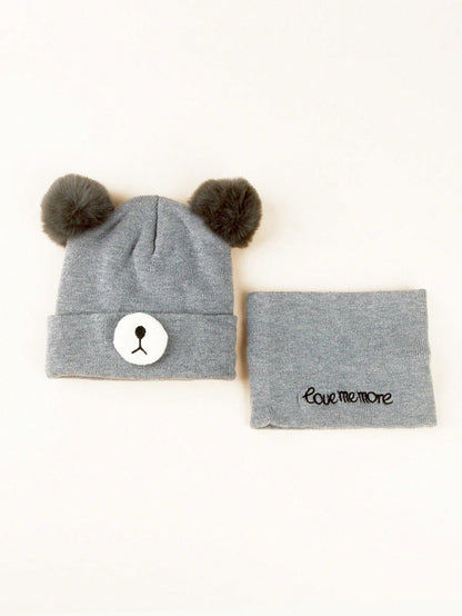 مجموعة قبعة وأوشحة مطرزة بالدب للأطفال الرضع والصغار 0-3 سنوات، لحفظ الدفء، قطعتان