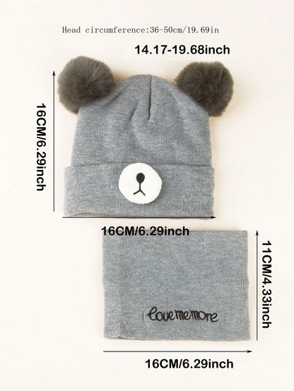 مجموعة قبعة وأوشحة مطرزة بالدب للأطفال الرضع والصغار 0-3 سنوات، لحفظ الدفء، قطعتان