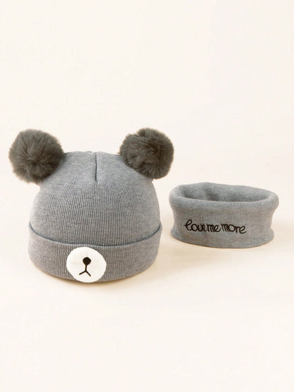 مجموعة قبعة وأوشحة مطرزة بالدب للأطفال الرضع والصغار 0-3 سنوات، لحفظ الدفء، قطعتان