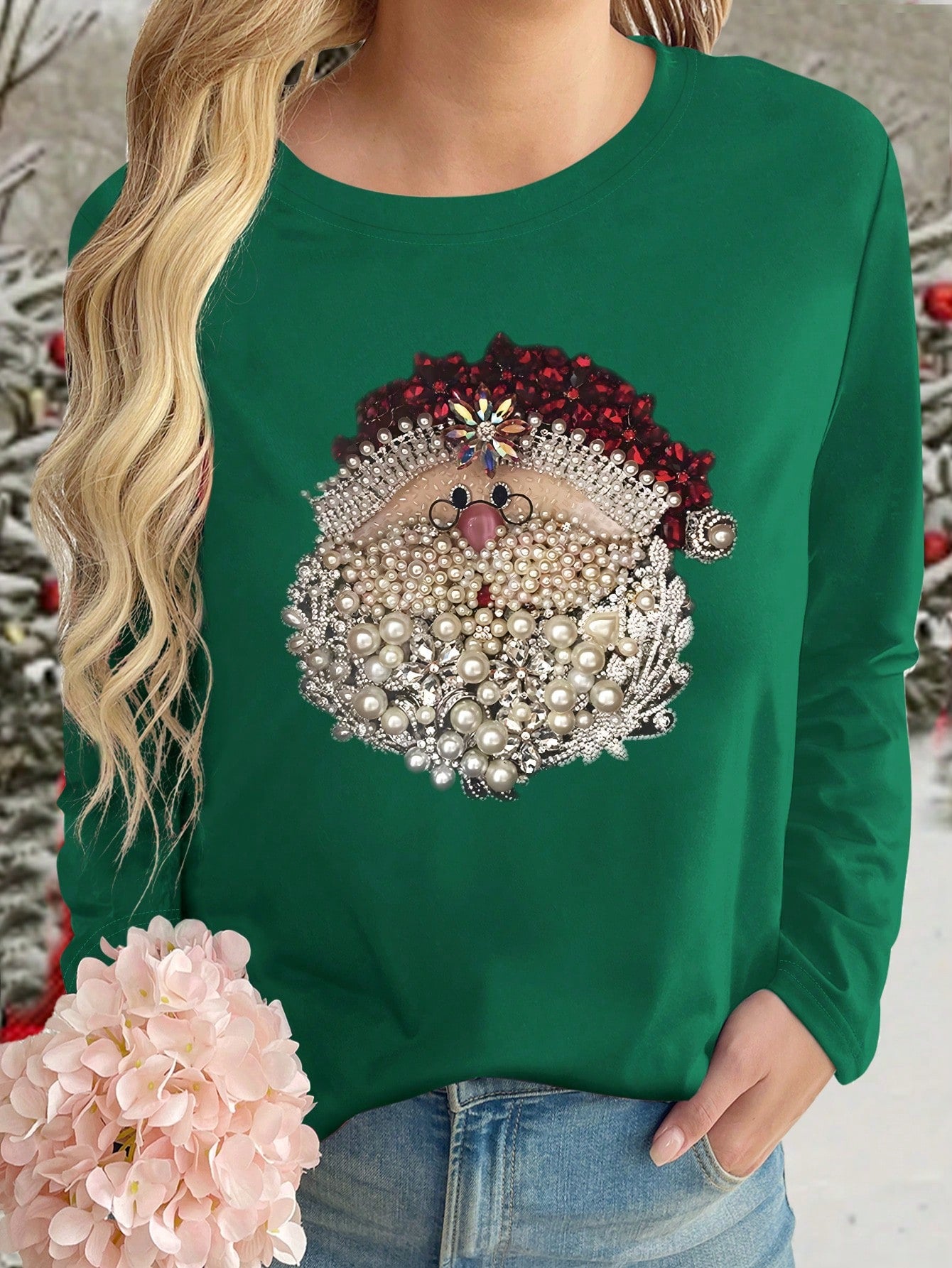 تي شيرت كاجوال أنيق بطباعة سانتا كلوز مرصع للمقاسات الكبيرة بأكمام طويلة