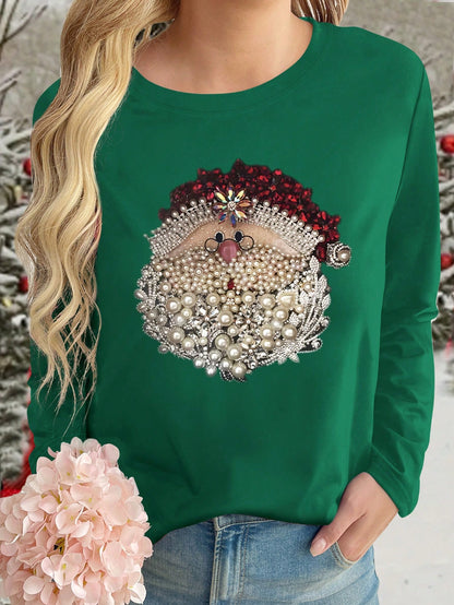 تي شيرت كاجوال أنيق بطباعة سانتا كلوز مرصع للمقاسات الكبيرة بأكمام طويلة