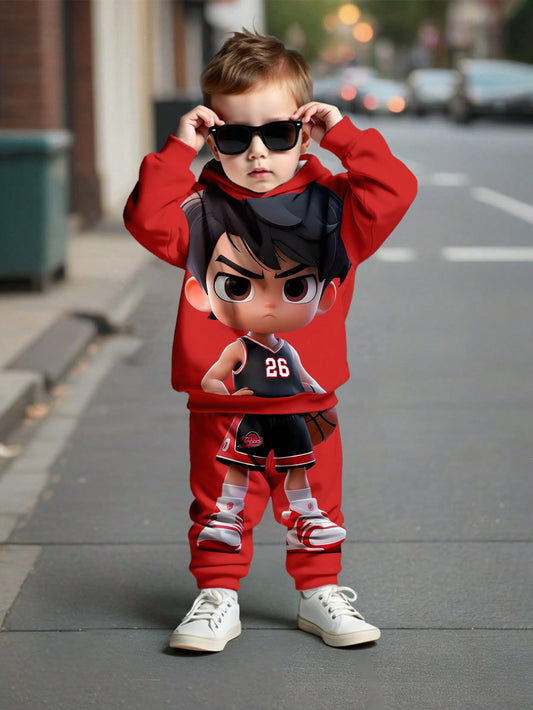 مجموعة كاجوال محبوكة مبطنة بالحرارة، فضفاضة المقاس، مع رسوم لاعب كرة السلة وطفل رضيع، مناسبة للخريف/الشتاء