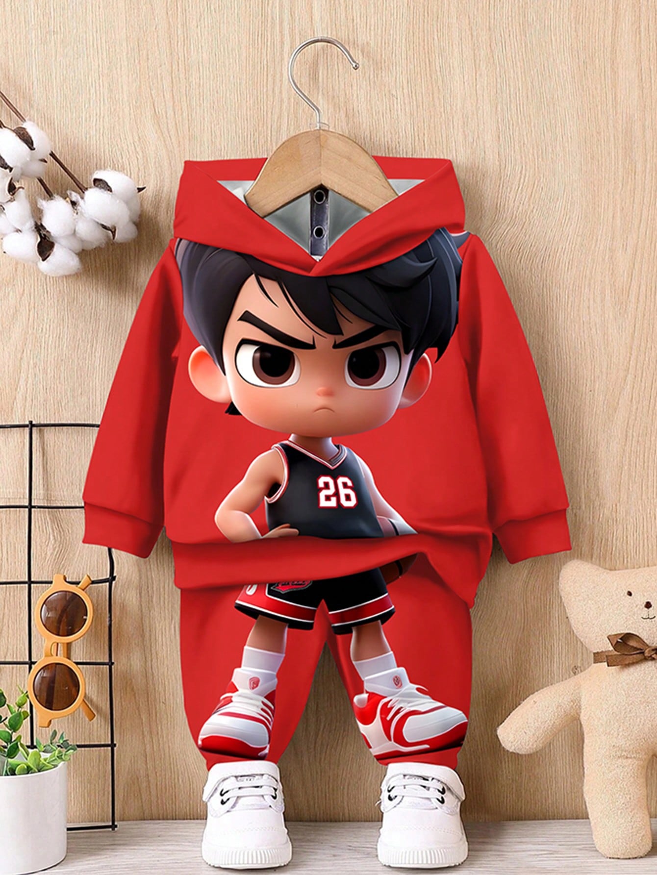 مجموعة كاجوال محبوكة مبطنة بالحرارة، فضفاضة المقاس، مع رسوم لاعب كرة السلة وطفل رضيع، مناسبة للخريف/الشتاء