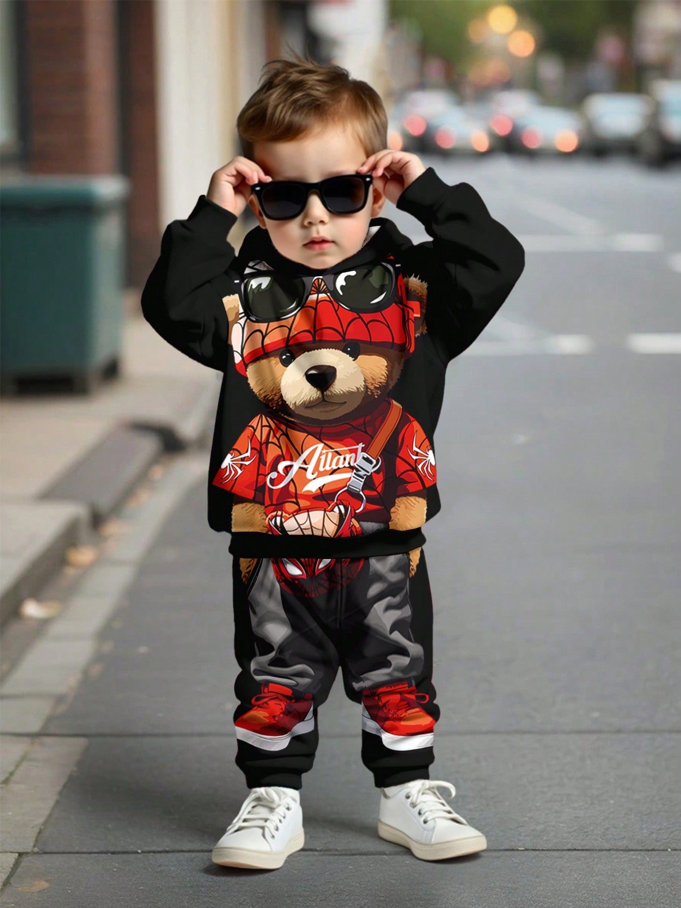 مجموعة بنطلون وبلوزة كاجوال كرتونية فضفاضة مبطنة بالقطيفة بأكمام طويلة وقبعة